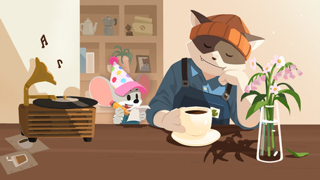 anniversary anthro beverage big_ears button_(fastener) clothing coaster coffee coffee_mug coffee_shop collared_shirt container cup cute_fangs dress_shirt fangs flower furniture hat headgear headwear knit_hat mug overalls paper picture_frame plant plant_pot record_player shelf shirt table teapot teeth topwear vase vinyl_record unknown_artist tiny_cafe dolce_(tiny_cafe) gusto_(tiny_cafe) domestic_cat felid feline felis mammal mouse murid murine rodent 2025 hi_res official_art unavailable_at_source