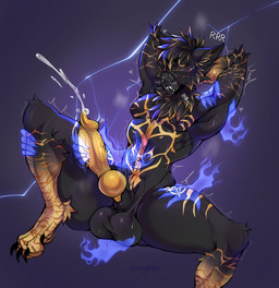 animal_genitalia animal_penis anthro arm_markings arm_tuft balls black_balls black_body black_claws black_fur black_hair bodily_fluids canine_genitalia canine_penis cheek_tuft chest_markings claws cum cumshot disembodied_hand ejaculation elbow_tuft facial_tuft fur genital_fluids genitals group hair hands_behind_head knee_tuft knot leg_markings leg_tuft looking_at_viewer male markings muzzle_(object) muzzled nude penis solo_focus tuft vein veiny_penis wire_basket_muzzle yellow_eyes yellow_markings yellow_penis smogville canid mammal hi_res