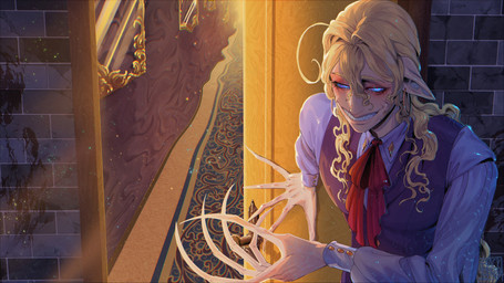 ahoge bow_ribbon claws clothing curly_hair detailed_background door doorway ear_piercing ear_ring eye_bags eyebrows first_person_view grin hair hallway humanoid_pointy_ears inviting_inside long_fingers long_hair looking_at_viewer male not_furry open_door piercing pointy_ears ring_piercing smile solo spiral_markings the_distortion_(tma) warped_background warped_vision welcoming blackberreh the_magnus_archives michael_shelley avatar_(tma) entity_(tma) humanoid mammal spiral_(tma) 16:9 absurd_res digital_media_(artwork) hi_res widescreen