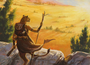 ambiguous_gender anthro bag barefoot brown_body brown_fur cape clothing digitigrade feet fur holding_object holding_staff outside plains plant rear_view rock solo staff standing sun tail tree winona_nelson hasbro magic:_the_gathering wizards_of_the_coast felid lion mammal pantherine official_art