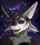 4_ears anthro black_body black_feathers black_fur black_hair black_sclera cosmic_background eye_reflection feathers fur glistening glistening_eyes hair looking_at_viewer male multi_ear open_mouth open_smile purple_eyes reflection ringed_eyes smile solo space space_background star teeth text tongue tuft white_body white_feathers white_fur marmoratus fyr_(fenrir784) avali avian bird 2025 absurd_res bust_portrait digital_media_(artwork) english_text hi_res portrait shaded signature