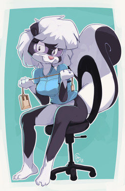 3_toes 4_fingers anthro blue_background blue_clothing blue_shirt blue_topwear border bottomless bottomless_anthro bottomless_female breasts chair clothed clothing computer_mouse cord eyewear feet female fingers fur furniture glasses gloves_(marking) hair holding_computer_mouse holding_cord holding_object leg_markings looking_at_viewer markings mouth_closed multicolored_body multicolored_fur office_chair on_chair shirt simple_background sitting sitting_on_chair smile socks_(marking) solo tail toes topwear two_tone_body white_body white_border white_hair wide_eyed edtropolis sabrina_online sabrina_(sabrina_online) mammal mephitid skunk 2025 hi_res signature