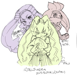 anthro clothing fighting_pose fluffy fluffy_chest gloves group handwear long_ears male ponytail_ears pose shirtless text trio bandai_namco digimon nintendo pokemon digimon_(species) generation_8_pokemon humanoid lagomorph leporid mammal pokemon_(species) rabbit raboot symbareangoramon character_request hi_res japanese_text translation_request