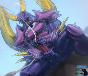 anthro armor balls big_penis bodily_fluids cum cumshot ejaculation erection genital_fluids genitals horn low-angle_view male masturbation muscular muscular_male orgasm penile penile_masturbation penis solo tongue tongue_out two-handed_masturbation todex bakugan mythology percival_(bakugan) dragon mythological_creature mythological_scalie scalie hi_res