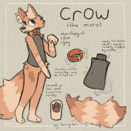 anthro bottomless bottomless_anthro bottomless_male brown_body brown_fur brown_nose brown_pawpads clothed clothing collar fluffy fluffy_tail fur green_eyes inner_ear_fluff male pawpads red_collar solo standing tail tan_body tan_fur tan_inner_ear_fluff text tuft wearing_collar mollietown crow_(mollietown) canid canine fox mammal 2026 digital_drawing_(artwork) digital_media_(artwork) english_description english_text hi_res model_sheet