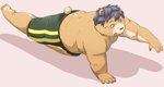 anthro blush bodily_fluids bottomwear brown_body brown_fur butt clothing fur humanoid_hands kemono male overweight overweight_anthro overweight_male shorts simple_background solo sweat hanji1st bear mammal 2020 hi_res