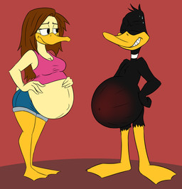 anthro beak belly_blush black_body black_feathers blush bodily_fluids body_blush bottomwear breasts brown_hair clothing duo feathers feet female hair hand_on_belly hand_on_hip looking_at_another male male/female membrane_(anatomy) navel non-mammal_breasts outie_navel overweight overweight_male pants pregnant pregnant_female scut_tail shirt short_tail shorts sweat tail toes topwear webbed_feet yellow_body yellow_feathers 8aerondight8 looney_tunes the_looney_tunes_show warner_brothers daffy_duck tina_russo anatid anseriform avian bird duck 2026 hi_res