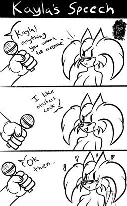 anthro big_breasts blush breasts chibi comic_panel dialogue duo female fur master nude open_mouth simple_background smile solo speech_bubble tail tail_motion tailwag text white_background fennyfen_1 kayla_(fennyfen_1) canid canine fox human mammal absurd_res black_and_white comic english_text hi_res monochrome
