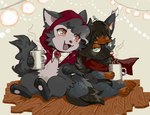 ambiguous_gender beverage black_body black_fur black_nose cheek_tuft closed_smile container cup decoration duo facial_tuft feral floor fluffy fluffy_tail fur green_eyes grey_body grey_fur hair happy holding_beverage holding_container holding_cup holding_object hood leaf looking_at_another mouth_closed neck_tuft on_ground open_mouth open_smile paws pink_nose pupils quadruped scarf sharp_teeth sitting smile tail teeth tongue tuft white_body white_fur white_pupils white_sclera wood wood_floor yellow_eyes flavia-elric nintendo pokemon generation_5_pokemon pokemon_(species) zorua 2023