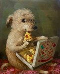 ambiguous_gender container eating feral food looking_at_viewer oil open_box pepperoni pizza pizza_box solo alison_friend canid canine canis domestic_dog mammal hi_res oil_painting_(artwork)