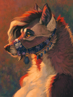 anthro breasts female fur hair inner_ear_fluff looking_aside multicolored_body multicolored_fur muzzle_(object) muzzled pointy_ears prick_ears side_view solo tassels tuft whisker_spots hanmonster canid canine canis mammal wolf 2026 absurd_res bust_portrait digital_media_(artwork) hi_res portrait signature
