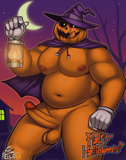anthro areola balls belly cape clothing erection food fruit genitals gloves handwear hat headgear headwear holding_lamp holding_object holidays humanoid_genitalia humanoid_penis jack-o'-lantern licking licking_lips licking_own_lips looking_at_viewer male musclegut muscular muscular_humanoid muscular_male navel night nipples not_furry nude outdoor_nudity outside overweight overweight_humanoid overweight_male pecs penis plant pumpkin self_lick smile solo standing text tongue tongue_out tree vein veiny_penis witch_hat elfein halloween jack-o'-lantern_(megami_tensei) elemental_creature elemental_humanoid flora_fauna food_creature food_humanoid fruit_humanoid humanoid living_fruit plant_humanoid digital_media_(artwork) english_text hi_res