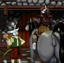 adventurer anatomically_correct anatomically_correct_genitalia animal_genitalia animal_vulva anthro armor crotch_breasts equine_genitalia equine_vulva female female_feral feral genitals group haggle imminent_sex inn innkeeper male money smug_face teats text trio vulva ruanshi mythology chrono_bluewing avian equid equine gryphon horse mammal mythological_avian mythological_creature pony absurd_res hi_res url