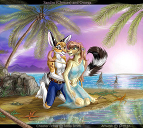 anthro beach belt black_body black_fur bottomwear brown_hair clothed clothing coconut denim denim_bottomwear denim_clothing drupe_(fruit) duo female food fruit fur fur_markings hair kneeling male male/female markings mountain mountain_background multicolored_body multicolored_fur outside palm_tree pants plant ring_(marking) ringed_tail sea seaside shorts skirt striped_markings striped_tail stripes tail tail_markings tan_body tan_fur topless topless_anthro topless_male topwear tree water white_body white_fur omega_lioness havoc_inc. chester_ringtail_magreer omega_(omega_lioness) bassariscus cacomistle felid lion mammal pantherine procyonid signature traditional_media_(artwork)
