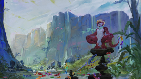 anthro balls blonde_hair claws crouching eyes_closed fur genitals hair half-erect humanoid_genitalia humanoid_penis male meditation messy_hair multicolored_body nude outside penis pink_body pink_fur scarf solo spread_legs spreading oselotti ottah mammal mustelid otter river_otter hi_res