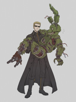 anthro duo eyewear glasses holding_another machine male simple_background wearing_glasses white_background spookyshape capcom five_nights_at_freddy's five_nights_at_freddy's_3 resident_evil scottgames albert_wesker springtrap_(fnaf) animatronic human lagomorph leporid mammal rabbit robot 3:4 hi_res tagme