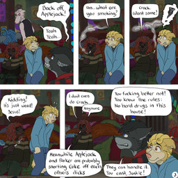 5_panel_comic anarchy_symbol angry anthro black_body black_hair black_sclera blonde_hair blue_eyes blue_hair bottomwear brown_eyes cigarette cigarette_in_mouth cigarette_smoke clothing creepy_smile dialogue exclamation_point flannel_shirt fur furniture grey_body grey_fur hair hands_between_legs hoodie inside lighting_cigarette logo looking_back male name_in_dialogue object_in_mouth on_sofa page_number pants profanity protective red_eyes red_hair scared sitting sitting_on_sofa smile smoke smoking smoking_cigarette snarling sofa speech_bubble sweater text topwear white_body white_fur white_hair yellow_body yellow_eyes yellow_fur kriek_wildebeest jack_(kriek_wildebeest) jeremy_(kriek_wildebeest) parker_(kriek_wildebeest) ravi_(kriek_wildebeest) tom_(kriek_wildebeest) bird_dog border_collie borzoi canid canine canis cavalier_king_charles_spaniel collie domestic_dog herding_dog hunting_dog husky hybrid mammal nordic_sled_dog pastoral_dog portuguese_water_dog sheepdog sighthound spaniel spitz toy_dog wolf 1:1 artist_logo comic digital_drawing_(artwork) digital_media_(artwork) english_text hi_res multiple_scenes nonbinary_(lore)