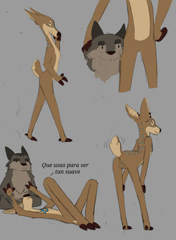 anthro anus blue_markings ear_piercing ear_ring female genitals grey_background larger_female lying male markings on_back piercing rear_view ring_piercing simple_background size_difference slim_anthro slim_female standing tail tail_motion tailwag text vulva srjakbee blacked_hand tales_from_graycove gryff_(m.a._marshall) hazel_(m.a._marshall) canid canine canis deer mammal wolf absurd_res hi_res spanish_text