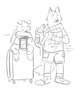 anthro backpack bottomwear cheek_tuft clothed clothing dot_eyes duo eyes_closed facial_tuft floppy_ears front_view head_tuft male mouth_closed neck_tuft shirt shorts simple_background simple_eyes sitting standing t-shirt topwear tuft unsigned asnnonaka canid canine canis domestic_dog mammal 5:6 hi_res monochrome sketch