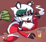 alcohol anthro bell bell_collar beverage big_breasts black_body blush breasts christmas_clothing christmas_headwear cigarette cigarette_box cigarette_holder cigarette_smoke cleavage clothed clothing collar container cup dress ear_piercing eyebrows eyelashes female fingerless_gloves fur glass glass_container glass_cup gloves green_hair hair handwear hat headgear headwear highlights_(coloring) holidays implied_prostitution lips looking_at_another money outline piercing prostitution red_clothing red_dress santa_hat short_hair simple_background smoke solo teeth white_body white_fur white_hair nelljoestar christmas siu_lin_(nelljoestar) bear giant_panda mammal 2023 digital_media_(artwork) hi_res