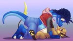 anthro blush bottomwear clothing digitigrade duo hoodie lying male male/male nose_to_nose pawpads playful shorts tail thick_tail topwear the-b3ing nintendo pokemon benji_(artienuki) kyrio_the_raptor_(kyrio) dinosaur dromaeosaurid generation_1_pokemon pokemon_(species) prehistoric_species raichu reptile scalie theropod 16:9 widescreen