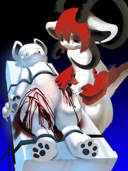 4_horns bdsm bed bite biting_lip biting_own_lip black_horn black_inner_ear black_pawpads blood blood_on_leg bodily_fluids bondage bone bound bovid_horn caprine_horn fur furniture gloves_(marking) gore gradient_background grey_eyes hair horn kemono lacerations lying markings medical_instrument mouth_closed multi_horn on_back pain pawpads ram_horn red_body red_eyes red_fur red_hair red_hands red_tail scar scientific_instrument self_bite simple_background smile surgical_instrument surgical_operation tail tears teeth text tongue tongue_out torture white_body white_ears white_fur white_tail wounded boxwater statera_(boxwater) bovid canid canine caprine demon goat mammal 2025 artist_name digital_media_(artwork) hi_res
