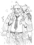 anthro blush bottomwear bulge clothing duo eyes_closed hug hugging_another hugging_from_behind kemono male male/male necktie pants shirt text topwear ryuta-h bear mammal suid suine sus_(pig) wild_boar 2011 japanese_text monochrome