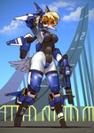 anthro armor armpit_tuft big_breasts biped blue_sky boots breasts brown_eyes clothed clothing cloud cybernetic_limb day detailed_background digitigrade digitigrade_footwear feathers female footwear furgonomic_footwear furgonomics gun hair hand_behind_head headgear holding_gun holding_object holding_ranged_weapon holding_weapon jet_pack leotard looking_at_viewer navel navel_outline non-mammal_breasts non-mammal_navel outside prosthetic prosthetic_limb ranged_weapon rocket_boots shoes skimpy sky solo standing text unconvincing_armor visor weapon white_body white_feathers white_hair sat_v12 avian bird english_text hi_res