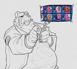 anthro belly bodily_fluids cellphone crying electronics facial_scar gachapon humor male overweight phone scar smartphone solo tears dama624 mihoyo zenless_zone_zero ben_bigger bear mammal