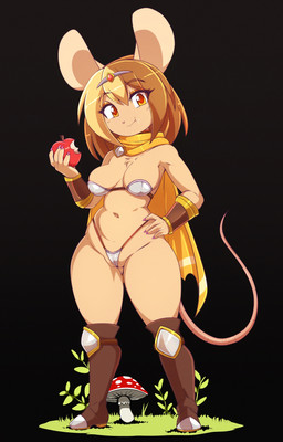 anthro biped breasts clothed clothing eyebrows eyelashes female footwear genitals hair mouth_closed pupils pussy_floss shoes simple_background smile solo standing tail thick_thighs vulva matypup mammal mouse murid murine rodent hi_res