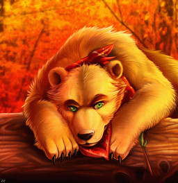 autumn black_nose brown_body brown_fur clothing detailed_background feral front_view fur green_eyes kerchief log looking_at_viewer male plant solo tree wood chibity bear mammal hi_res orange_theme warm_colors
