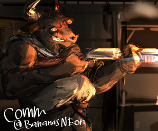 angry anthro bandage blood blood_on_face bodily_fluids breasts broken_horn clothing constricted_pupils female gun horn inside light muscular muscular_anthro muscular_female muzzle_flash pupils ranged_weapon shooting shotgun small_pupils solo weapon winchester_1897 bananasneon amnesia:_the_bunker european_mythology greek_mythology mythology bovid bovine mammal minotaur digital_media_(artwork) hi_res lighting watermark