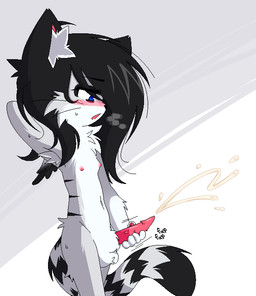 animal_genitalia animal_penis anthro armpit_tuft black_hair blue_eyes blush blush_lines bodily_fluids breath chest_tuft cum ejaculation fap_(sound_effect) feline_genitalia feline_penis fur genital_fluids genitals grey_body grey_fur hair long_hair male markings masturbation motion_lines nipples panting penis pink_nipples raised_arm solo standing striped_markings stripes sweat tuft wings kittywuvspizza domestic_cat felid feline felis mammal tabby_cat trans_(lore)