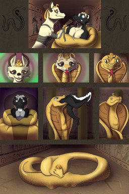 anthro apode blockage_(layout) content_repetition egyptian eight_frame_image feral fully_inside horizontal_blockage horizontal_staggering legless oral_vore partially_inside serpentine split_form staggering_(layout) transformation vore teres canid canine canis cobra draconcopode jackal lamia mammal mephitid reptile scalie skunk snake absurd_res comic hi_res hieroglyphic_text