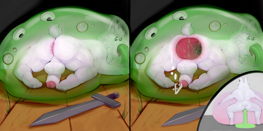anal anal_orgasm anal_penetration anthro anus belly big_belly biped blue_eyes bodily_fluids chest_tuft cum cum_while_penetrated dripping dripping_slime ear_piercing ear_ring ejaculation eyewear fur gaping gaping_anus genital_fluids genitals glasses hands-free huge_belly humanoid_genitalia humanoid_penis hyper hyper_belly hyper_gape male male/male melee_weapon oral orgasm penetration penis piercing ring_piercing scut_tail short_tail slime slime_in_ass slime_in_mouth slime_inflation sword tail tongue tongue_out tuft vore weapon wearing_glasses white_body white_fur rit15rit robin_(tylerkade) lagomorph leporid mammal rabbit slime_(blob) absurd_res hi_res