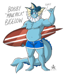 anthro belly big_belly clothing larger_male male moobs overweight overweight_anthro overweight_male pecs simple_background size_difference slightly_chubby solo surfboard swimwear n.c._mentis nintendo pokemon fan_character eeveelution generation_1_pokemon pokemon_(species) vaporeon absurd_res digital_media_(artwork) hi_res