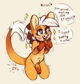 anthro blush blush_lines dialogue dreadlocks excited explicitly_stated_consent eyebrows eyelashes foreskin genitals happy male nude nudist penis solo text tribal vein veiny_penis kemotobi mango_(kemotobi) asinus donkey equid equine mammal 2022 english_text nonbinary_(lore)