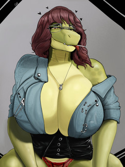 anthro big_breasts breasts brown_hair cleavage clothed clothing corset cosplay eyewear female front_view glasses green_body green_scales hair heart_symbol huge_breasts lingerie lollipop_in_mouth panties red_clothing red_panties red_underwear scales smile solo thick_thighs topwear underwear wearing_glasses xzelt18 chloe_(xzelt18) jamie_lee_curtis crocodile crocodilian reptile scalie 3:4 hi_res meme