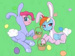 basket blue_body blue_eyes bunny_costume butt candy clothing container costume dessert duo egg female feral food grass grumpy hair happy holidays multicolored_hair pink_body pink_hair plant purple_eyes rainbow_hair scrunchy_face wings sufficient_(artist) easter friendship_is_magic hasbro my_little_pony mythology pinkie_pie_(mlp) rainbow_dash_(mlp) equid equine horse mammal mythological_creature mythological_equine pegasus pony 2022 hi_res