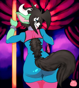 5_fingers bedroom_eyes biped black_body black_fur black_hair black_sclera black_tail blue_body blue_eyes bottomless bottomwear bracelet butt clothed clothing clothing_aside crop_top crossdressing curtains curved_horn curvy_figure dancing ear_piercing eye_markings fingers fluffy fluffy_tail forked_tongue fur gloves_(marking) green_body hair half-closed_eyes holding_fixture horn humanoid_hands jewelry leaning legwear long_tail looking_at_viewer looking_back male mane markings multicolored_body narrowed_eyes panties piercing pink_bottomwear pink_clothing pink_legwear pink_tongue pink_topwear pole pole_dancing pole_grab rear_view seductive shirt short_hair small_waist smile solo standing tail thick_thighs thigh_highs tongue tongue_out topwear underwear underwear_aside undressing white_body white_horn ryarik mythology demonious_craving_grimmis grimmi animal_humanoid demon dragon dragon_humanoid furred_dragon furred_scalie humanoid mythological_creature mythological_scalie scalie 2015 digital_media_(artwork) portrait three-quarter_portrait