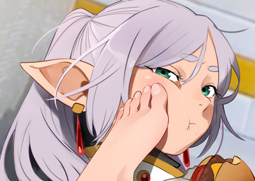 5_toes ambiguous_gender ambiguous_human annoyed black_clothing black_robe blush blush_lines bread burger cheese chewing clothed clothed_female clothed_humanoid clothing dairy_products disembodied_foot duo ear_piercing eating eyebrow_through_hair eyebrows eyelashes faceless_ambiguous faceless_character faceless_human feet female female_focus female_humanoid food foot_fetish foot_on_face fruit gem green_eyes grey_eyebrows grey_hair hair holding_burger holding_food holding_object human_on_humanoid humanoid_feet humanoid_pointy_ears interspecies long_hair looking_aside lunula_(anatomy) meat mouth_closed multicolored_clothing multicolored_robe nails not_furry piercing plant plantigrade pointy_ears pupils red_gem robe solo_focus toenails toes tomato translucent translucent_hair twintails_(hairstyle) white_clothing white_robe yellow_clothing yellow_robe khyleri frieren_beyond_journey's_end frieren elf human humanoid mammal 2025 hi_res