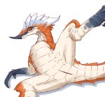 claws female feral finger_claws fur genitals looking_at_viewer lying on_back orange_body orange_fur presenting presenting_pussy pussy raised_leg solo dorudodoragon capcom monster_hunter bird_wyvern great_izuchi absurd_res hi_res