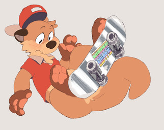 4_fingers 4_toes anthro black_eyes blush blush_lines bottomless brown_body brown_ears brown_fur brown_nose brown_paws cheek_tuft chest_tuft clothed clothing facial_tuft feet fingers fur hat headgear headwear inner_ear_fluff looking_down male multicolored_body multicolored_fur pawpads paws pink_pawpads raised_paw red_clothing red_hat red_headwear red_shirt red_topwear shirt simple_background sitting skateboard solo sticker tan_body tan_fur text toes topwear tuft vehicle seth-iova chester_the_otter mammal mustelid otter 2022 absurd_res english_text hi_res