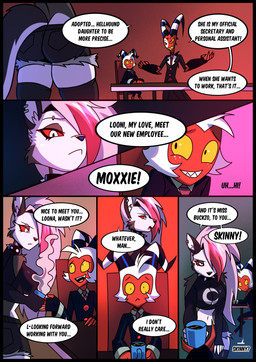 beverage black_border border female furniture male smile table tea text kato777 hellaverse helluva_boss mythology blitzo_(helluva_boss) loona_(helluva_boss) moxxie_(helluva_boss) canid canid_demon canine demon hellhound imp mammal mythological_canine mythological_creature absurd_res comic english_text hi_res