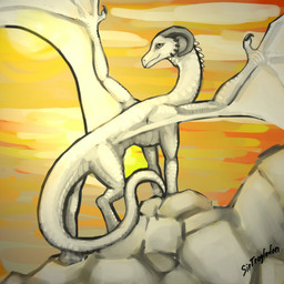 ambiguous_gender feral looking_at_viewer membrane_(anatomy) membranous_wings outside rock scales solo sunset tail white_body white_scales wings sirtroglodon european_mythology mythology dragon mythological_creature mythological_scalie reptile scalie western_dragon 1:1 hi_res