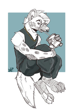 anthro barefoot bottomwear chain clothing container cup drinking drinking_straw ears_up eyewear facial_piercing feet fur glasses gold_(metal) gold_chain holding_container holding_cup holding_object looking_at_viewer male nose_piercing nose_ring pants piercing ring_piercing round_glasses shirt solo tail tank_top topwear wearing_glasses mawkvlt kolya_yeen_(mawkvlt) hyena mammal 2:3 hi_res monochrome