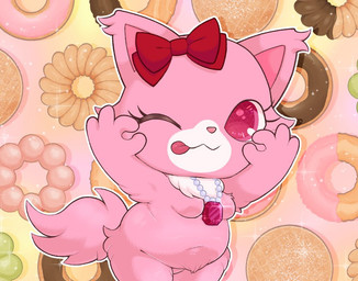 4_fingers anthro belly big_belly breasts cheek_tuft dessert doughnut eyelashes facial_tuft featureless_crotch female fingers fluffy fluffy_tail food fur garnet_(gem) gem gesture hand_gesture jewelry looking_at_viewer mouth_closed multicolored_body multicolored_fur neck_tuft necklace ok_sign one_eye_closed overweight overweight_anthro overweight_female pastry pattern_background pearl_(gem) pearl_necklace pink_body pink_fur red_hair_bow semi-anthro short simple_background small_breasts solo sparkles sparkling_eyes tail thick_thighs tongue tongue_out tuft white_body white_face white_fur wide_hips wink winking_at_viewer box_(hajimeyou654) jewelpet sanrio sega sega_fave garnet_(jewelpet) domestic_cat felid feline felis mammal persian_cat 2026