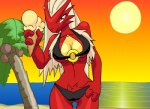 anthro anthrofied avian beach bikini bird blaziken breasts clothed clothing crotch_tuft dessert detailed_background female food generation_3_pokemon ice_cream navel nintendo non-mammal_breasts outside palm_tree pikanjo plant pokemon pokemon_(species) pokemon_snap_xxx pokemorph sand seaside skimpy sky solo sun sunset swimwear tight_clothing tree tuft water