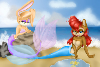 anthro beach blue_body blue_eyes blue_scales blue_tail bra breasts brown_body brown_fur cleavage clothed clothing cloud duo eyeshadow featureless_breasts female fur green_eyes hair long_hair makeup mermaid_tail nude open_mouth open_smile outside purple_body purple_eyeshadow purple_scales purple_tail red_hair rock scales sea seashell_bra singing sky smile split_form tail tan_body tan_fur tan_hair tide_pool underwear water asiajena8 sega sonic_the_hedgehog_(series) bunnie_rabbot sally_acorn cyprinid cypriniform fish goldfish ground_squirrel lagomorph leporid mammal marine merfolk rabbit rodent sciurid 2013 3:2 absurd_res hi_res