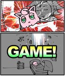 anthro duo falling_asleep green_eyes humor male pink_body sleeping text sentakubasami1 nintendo pokemon super_smash_bros. pokemon_trainer red_(pokemon) generation_1_pokemon human jigglypuff mammal pokemon_(species) comic english_text hi_res